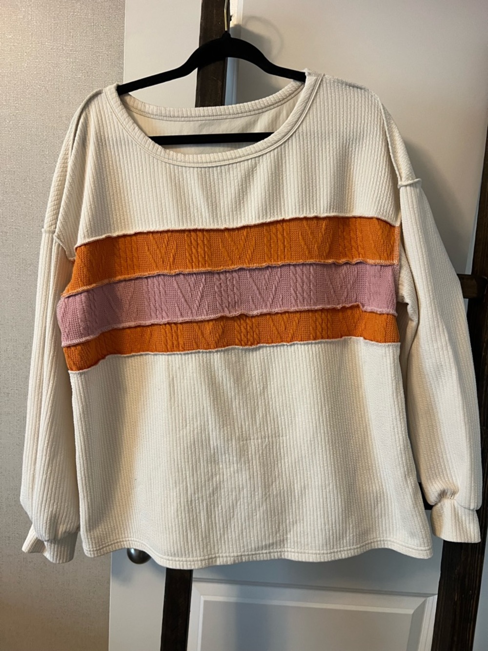 Women's Cream Pullover Top with Pink and Orange Stripes